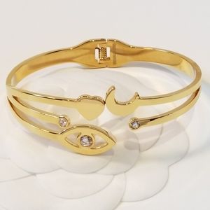 18K Gold Evil Eye Heart Moon Bracelet Bangle Cuff